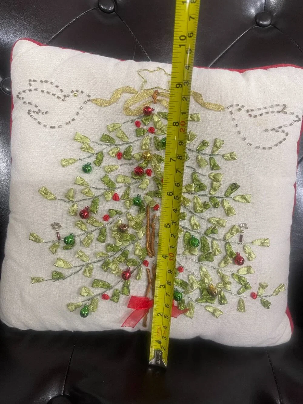 Christmas Tree Ribbon Embroidered Beaded Holiday Accent Pillow 10x10